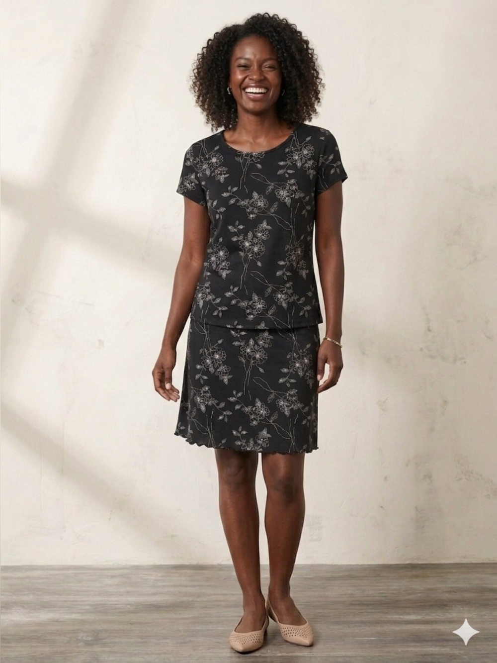2 Piece Black w/White Floral Short Sleeve Top & Skirt Set